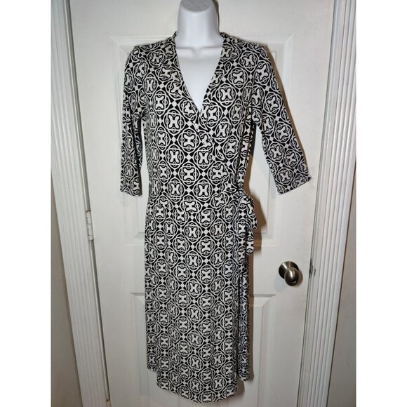 Bisou Bisou Dresses & Skirts - Bisou Bisou Black White Michelle Bohbot 3/4 Sleeve Midi True Wrap Dress 6